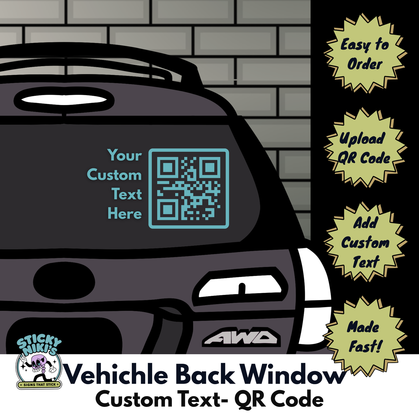 Vehicle Back Window Decal - QR Code, Custom Text